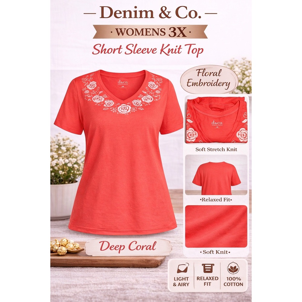 Denim & Co Womens 3X Deep Coral Short Sleeve Floral Embroidery Knit Top A234545